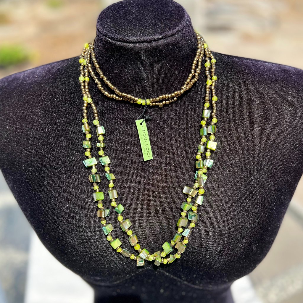 Shell & Bead Necklace Multi Strand Long Green Layering Indonesia Ethnic Tribal